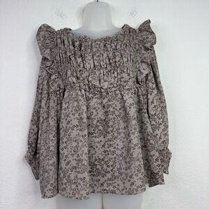 &merci Shirt Womens M Brown Floral‎ Smocked Ruffle Whimsigoth Dark Romantic Boho